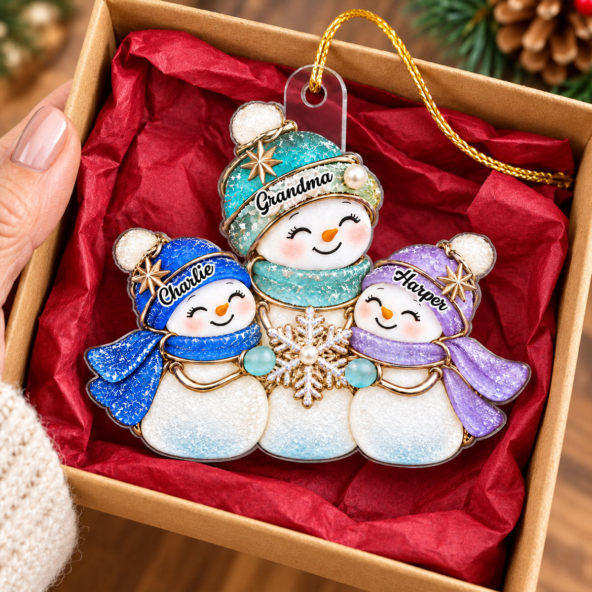 Grandma & Grandkid Snowman 2D Flat Printed - Personalized Acrylic Ornament - Christmas Gift For Grandchildren