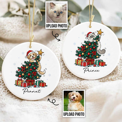 Cute Dog Cat On Christmas Tree Upload Photo - Personalized Ceramic Ornament - Funny Gift For Dog Lover, Cat Lover