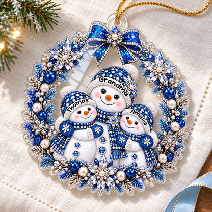 Grandma Grandkid Snowman Wreath - Personalized Acrylic Ornament - Christmas Gift for Grandma, Grandkids