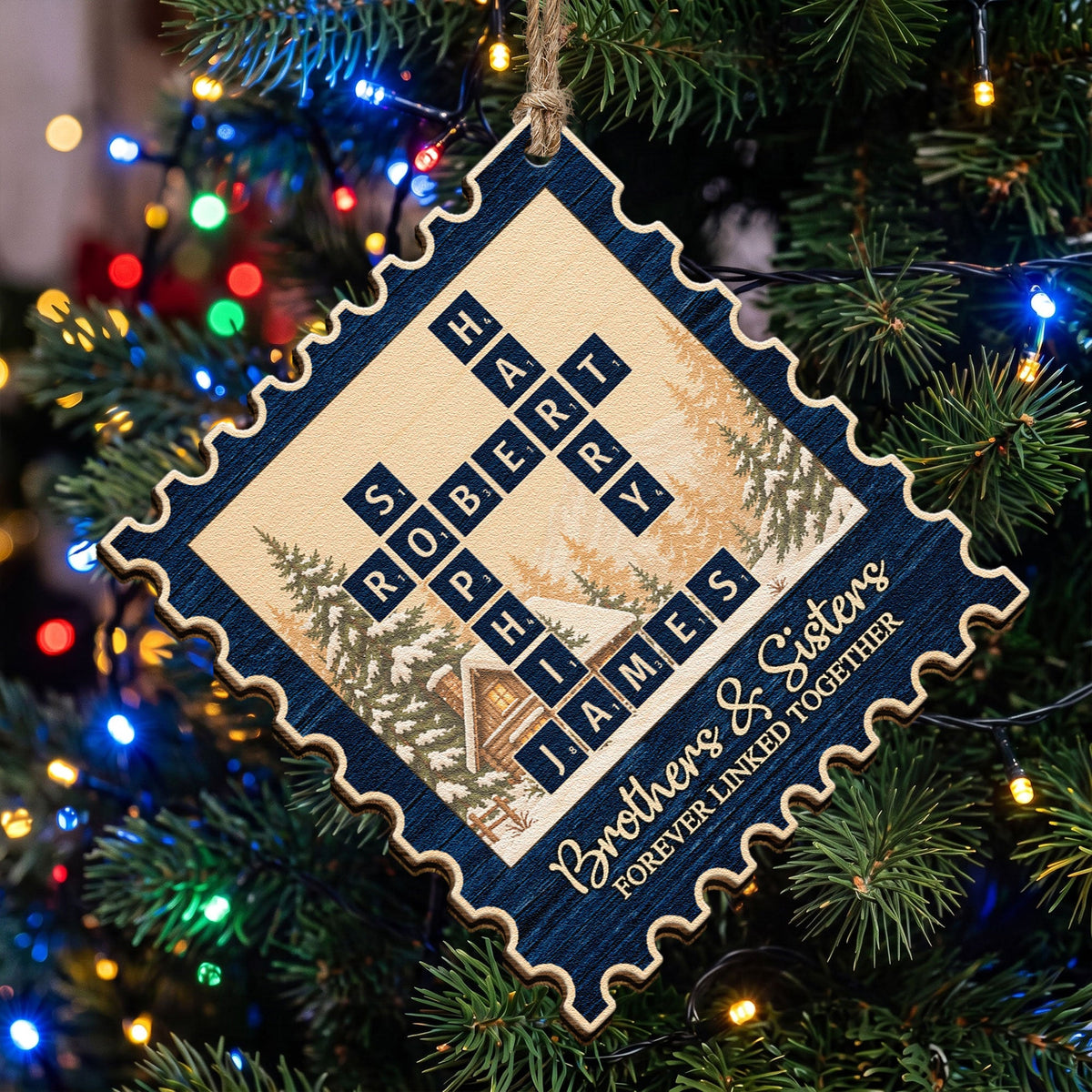Brothers & Sisters Forever Linked Postage Stamp - Personalized Ornament