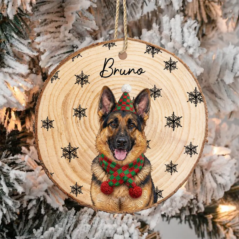 Christmas Gift For Dog Lovers - Personalized Custom Photo & Name Pet Dog Portrait With Holly Snowflake Poinsettia Wood Slice Ornament