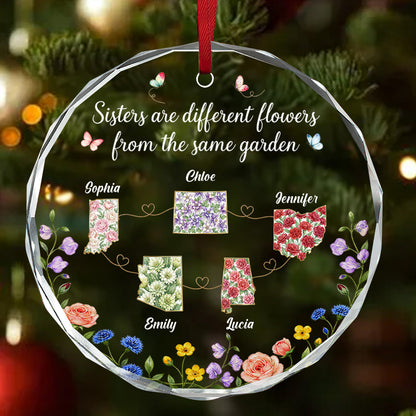 Sisters Are Different Flowers - Personalized Round Shaped Glass Ornament