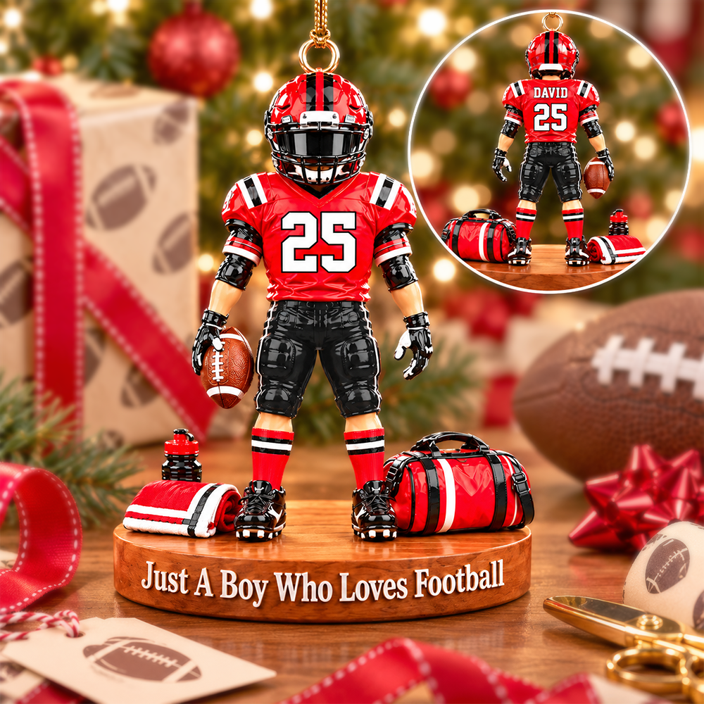 Luxury Personalized Football Player Christmas Ornament, Custom Name, Number & Uniform Colors, Just a Boy Who Loves Football Gift