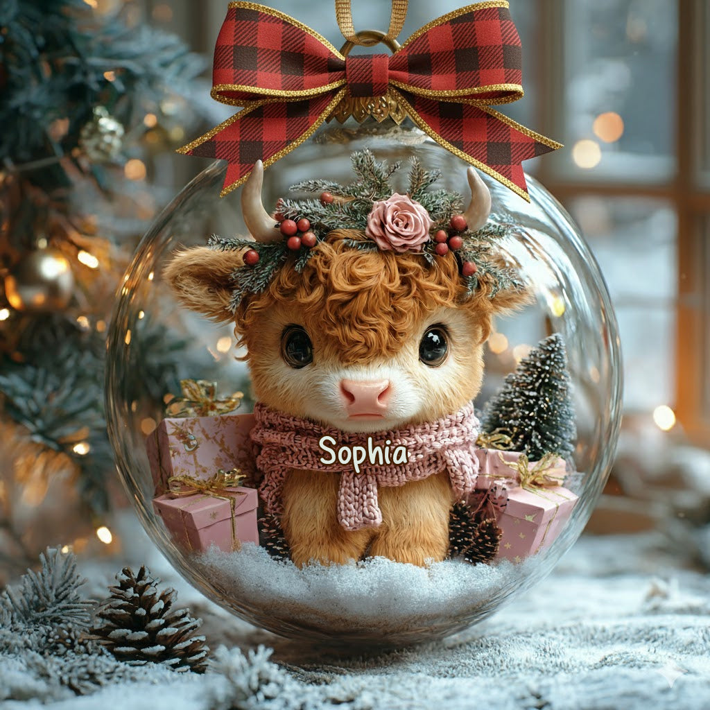Highland Cow Christmas - Personalized Highland Cow Snow Globe Ornament With Bow