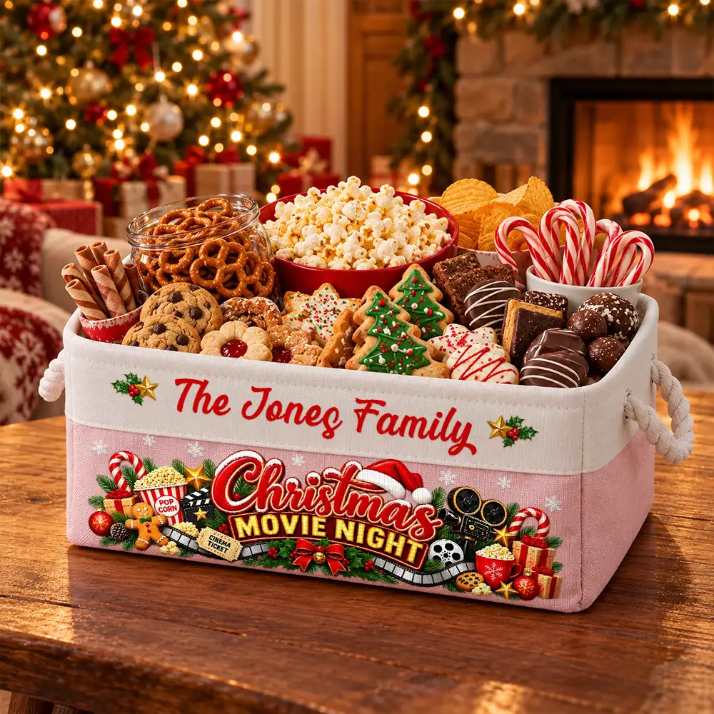 Gift For Holiday Gathering - Personalized Family Name Christmas Eve Movie Night Snack Storage Basket Storage Basket