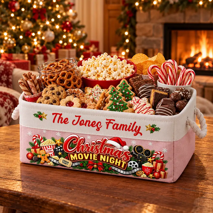 Gift For Holiday Gathering - Personalized Family Name Christmas Eve Movie Night Snack Storage Basket Storage Basket