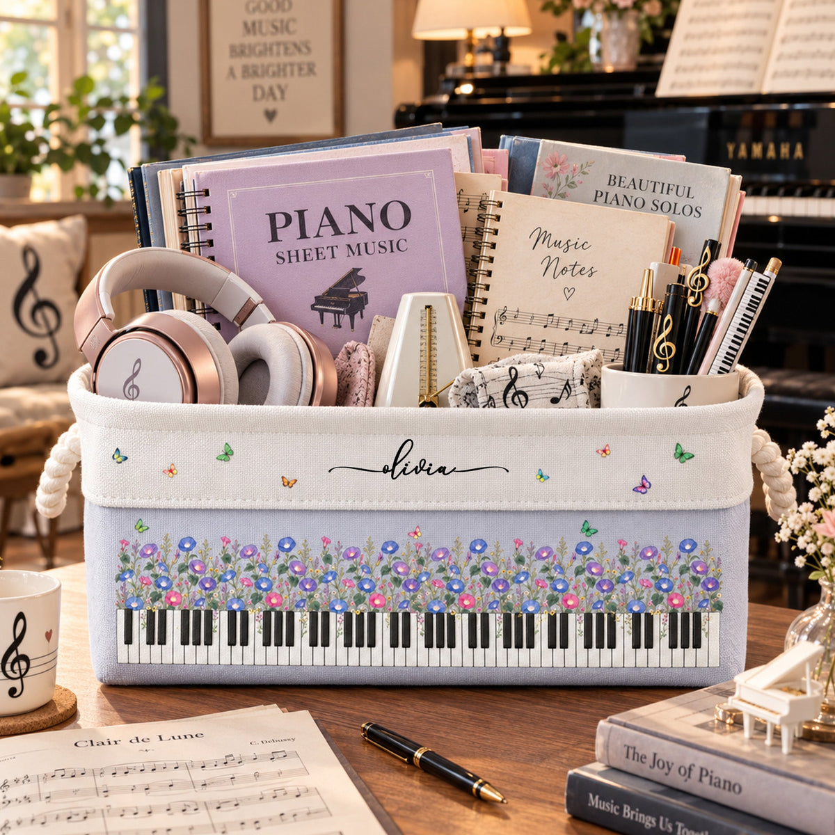 Piano, Keyboard, Custom Birth Flower & Name - For Pianist, Piano Lovers - Personalized Storage Basket