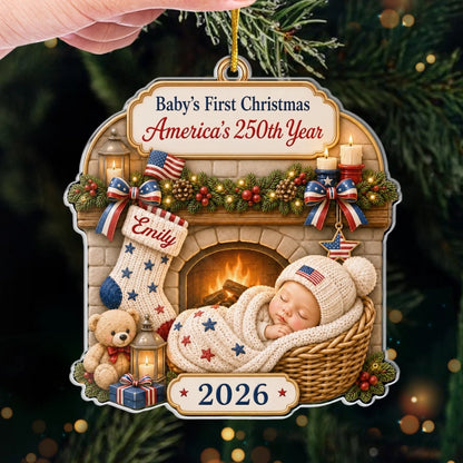 Custom First Christmas Acrylic Ornament - Personalized America 250th Anniversary Christmas Gifts For New Moms, New Dads, New Parents - Tiny Star Big History