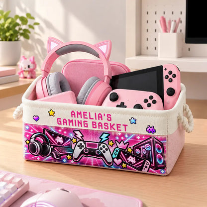 Gift For Gaming Lovers Son Teen Boy - Personalized Name Neon Gaming Basket Storage Basket