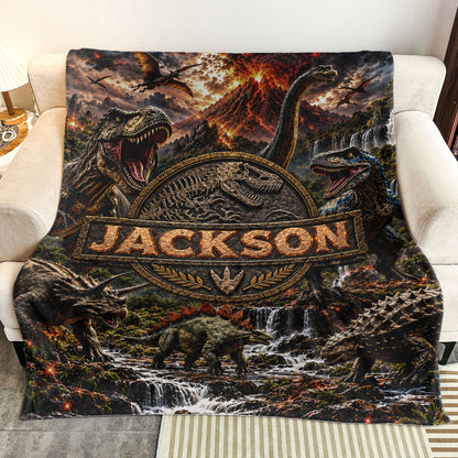 Custom Kid Name Dinosaur Jurassic T-Rex Boys Room Decor Toddler - Personalized Blanket