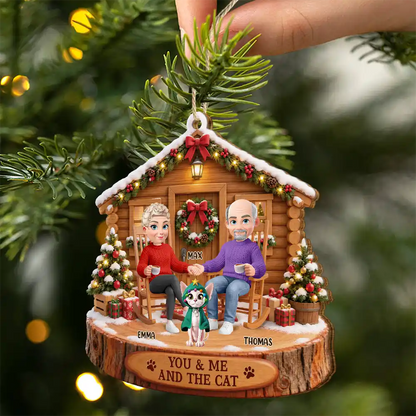 Christmas Gift For Pet Couples - Personalized You & Me And The Cat Wooden Ornament