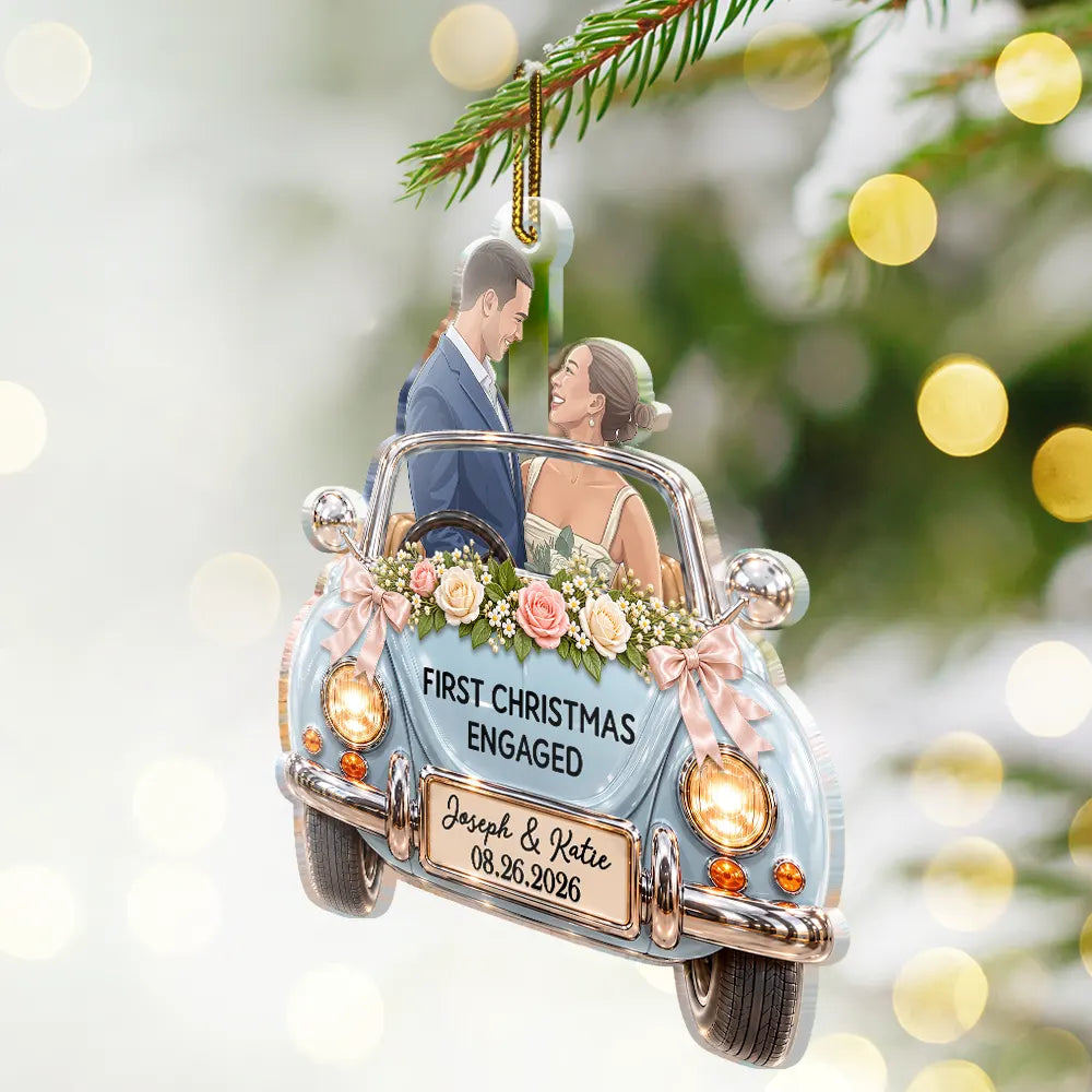First Christmas Gift For Newlyweds - Personalized Custom Photo Mr And Mrs Names Just Married Car Acrylic Ornament