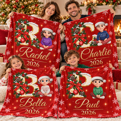 Custom Name Initial Letter - Personalized Fleece Blanket - Christmas Gift for Daughter, Son, Grandkids