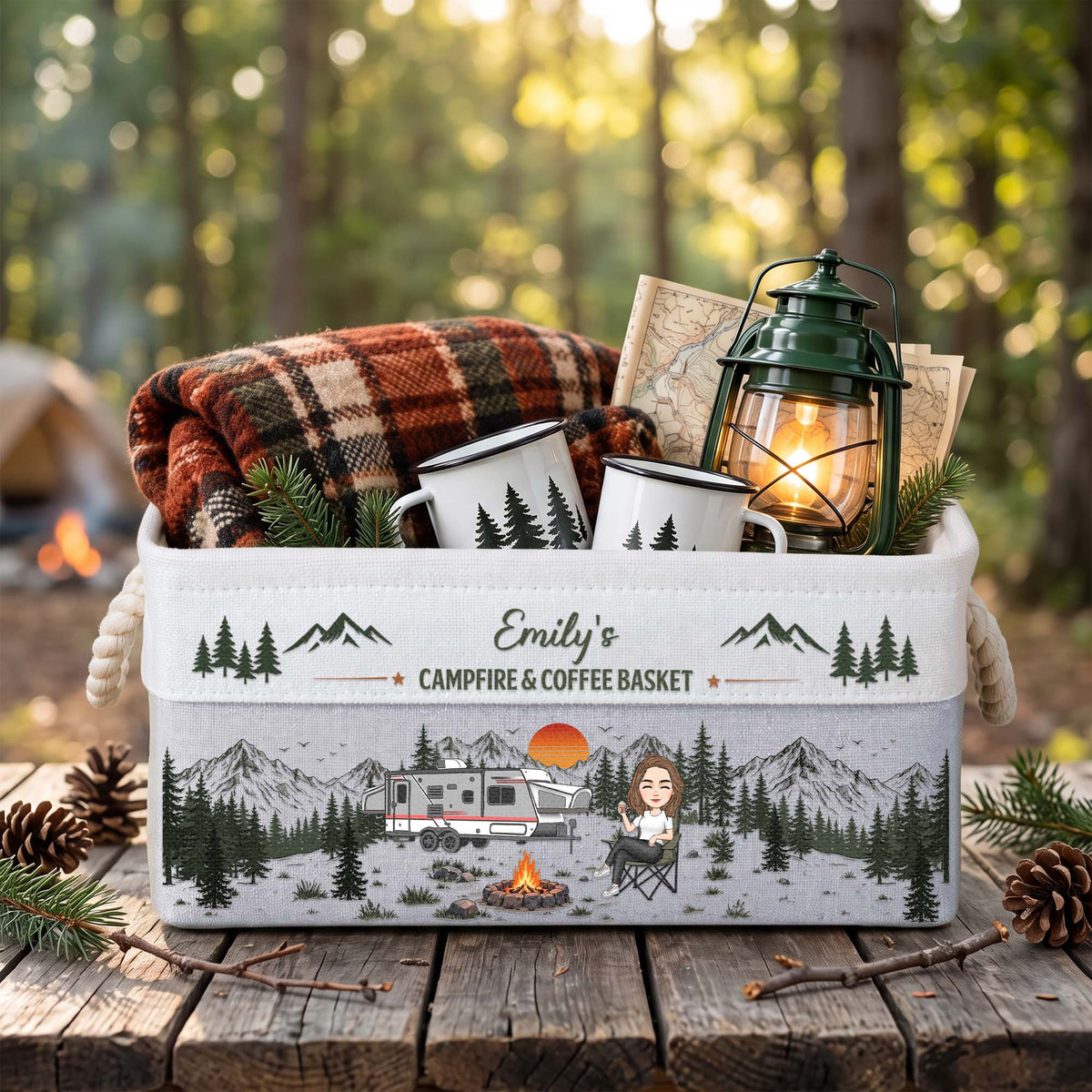 Custom Camper Rv Family Camping - Campfire & Coffee Basket - Personalized Storage Basket