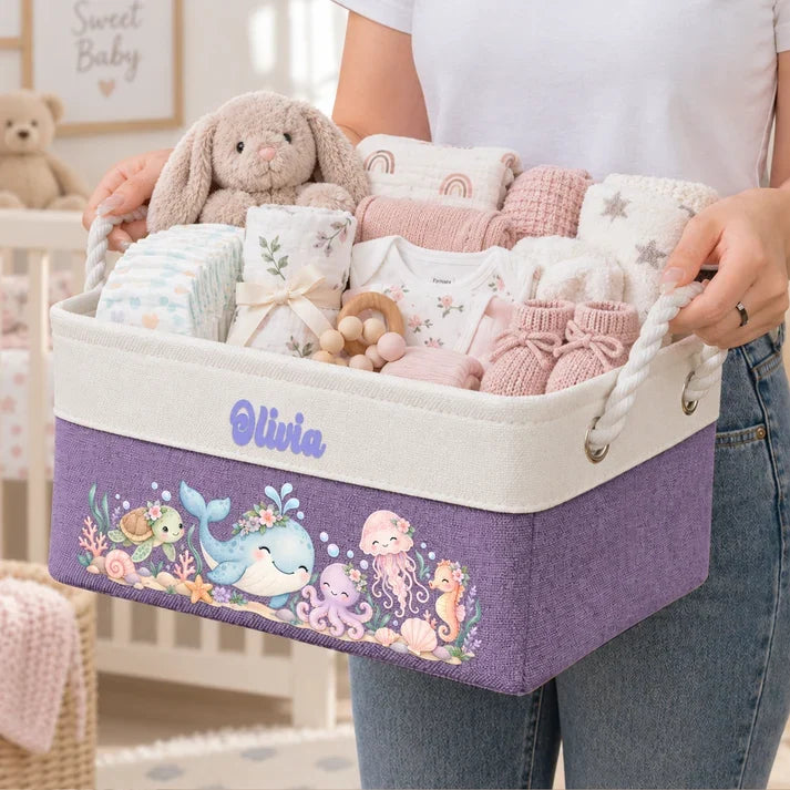 Personalized Cotton Linen Rope Basket with Watercolor Jungle Animals for Nursery Storage, Unique Baby Gift