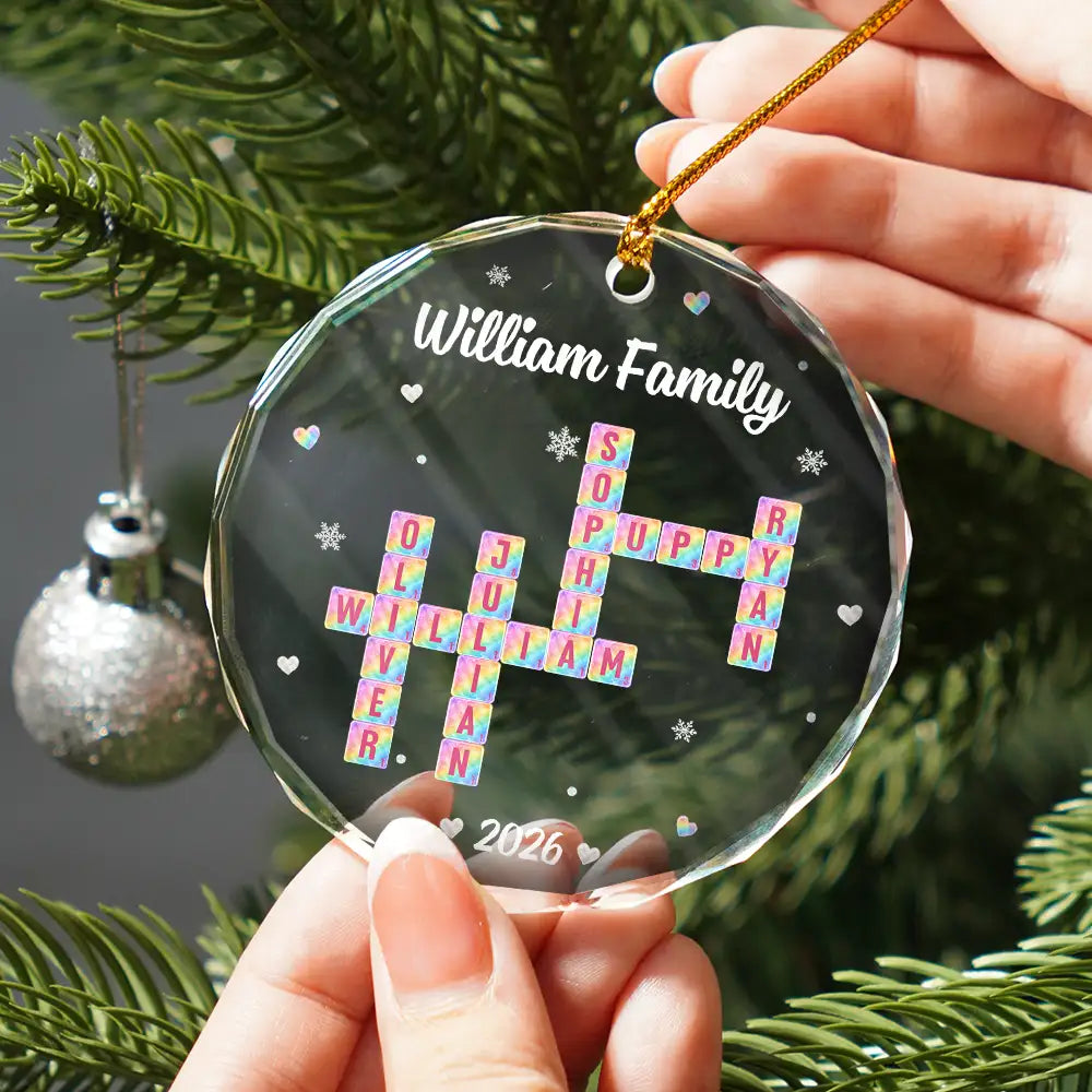 Christmas Gifts For Family - Personalized Crossword Sea Glass Family Name Circle Glass Ornament