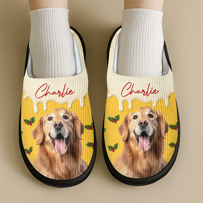 Custom Photo & Name Pet Dog Portrait With Holly Snowflake Poinsettia Christmas Slippers LM32 670501