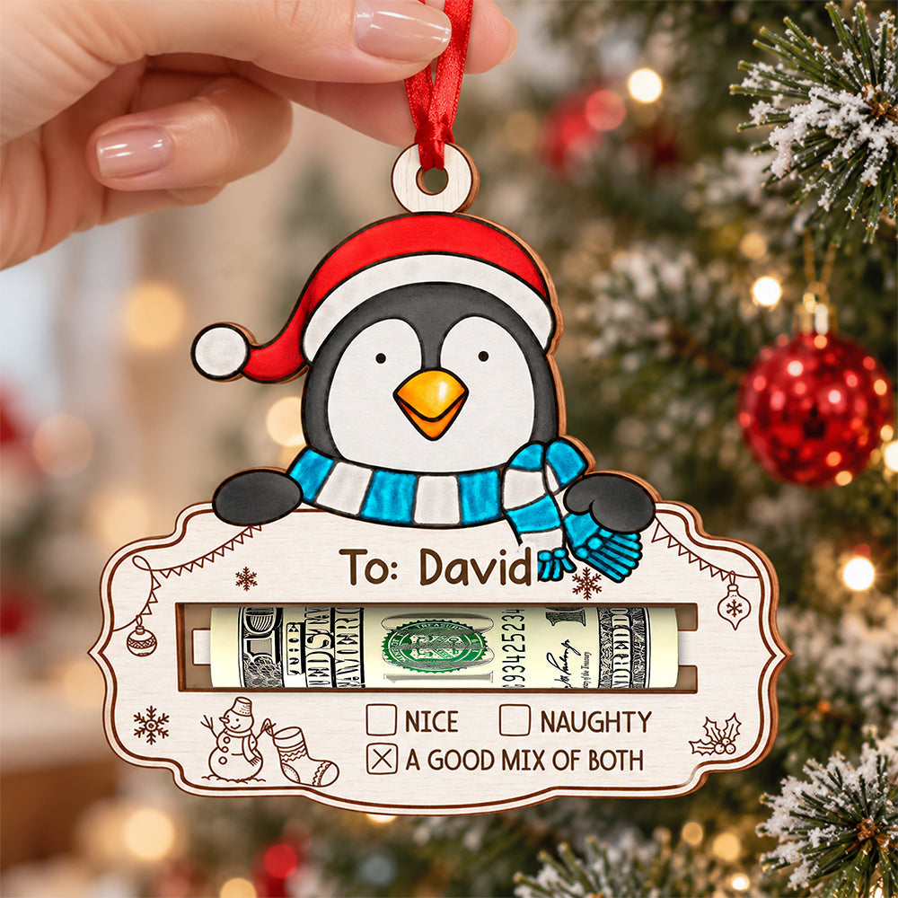 Custom Name And Character Christmas Wooden Money Holder Ornament, Personalized Holiday Cash Gift For Family TH10 171231