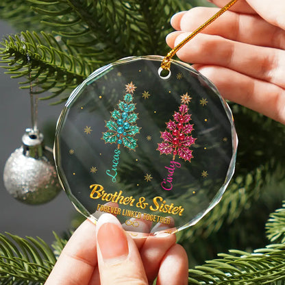 Gift For Siblings - Personalized Brothers & Sisters Forever Linked Together Crystal Holly Circle Glass Ornament