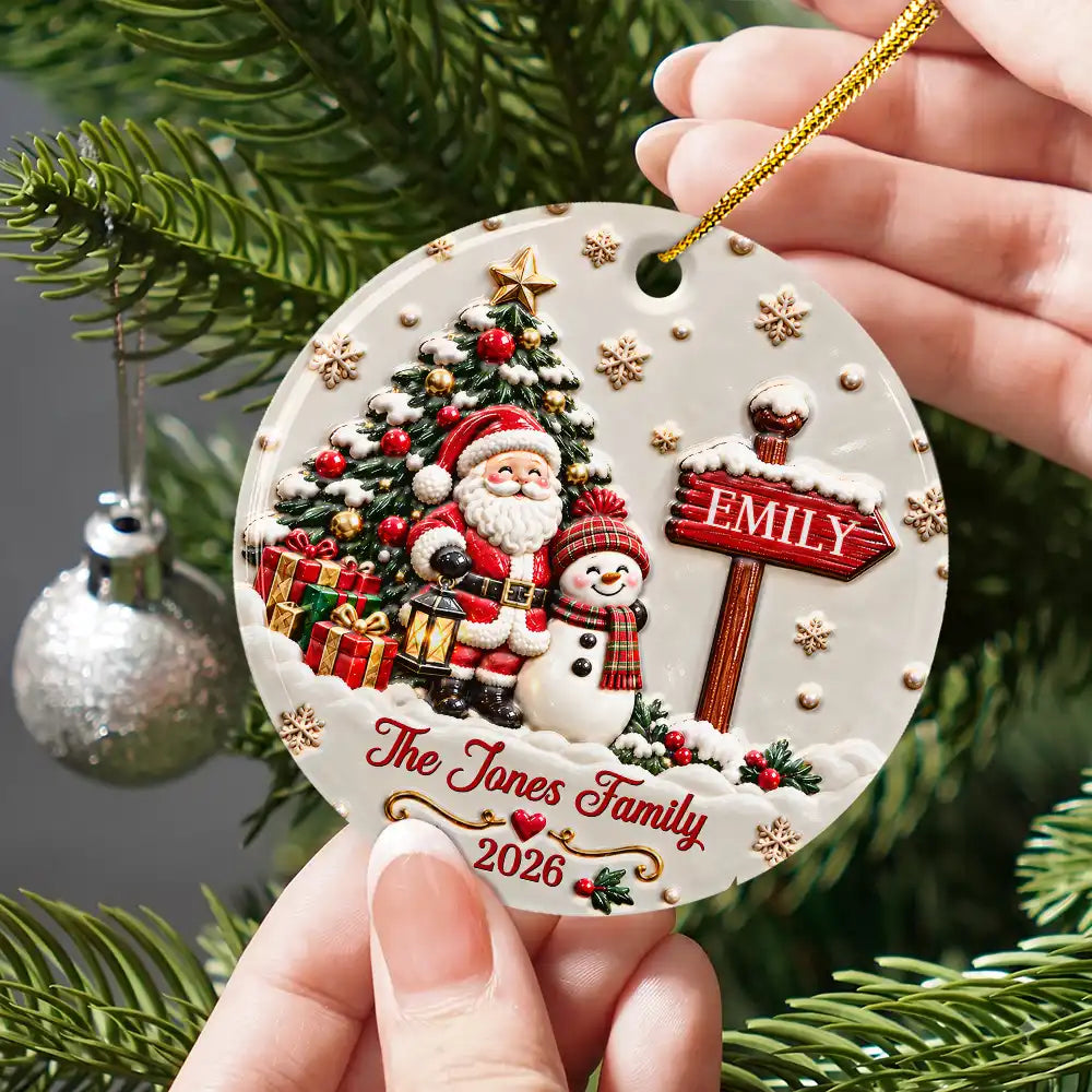 Christmas Gift For Family - Personalized Family Name Santa And Snowman 3D Embossed Circle Ceramic Ornament