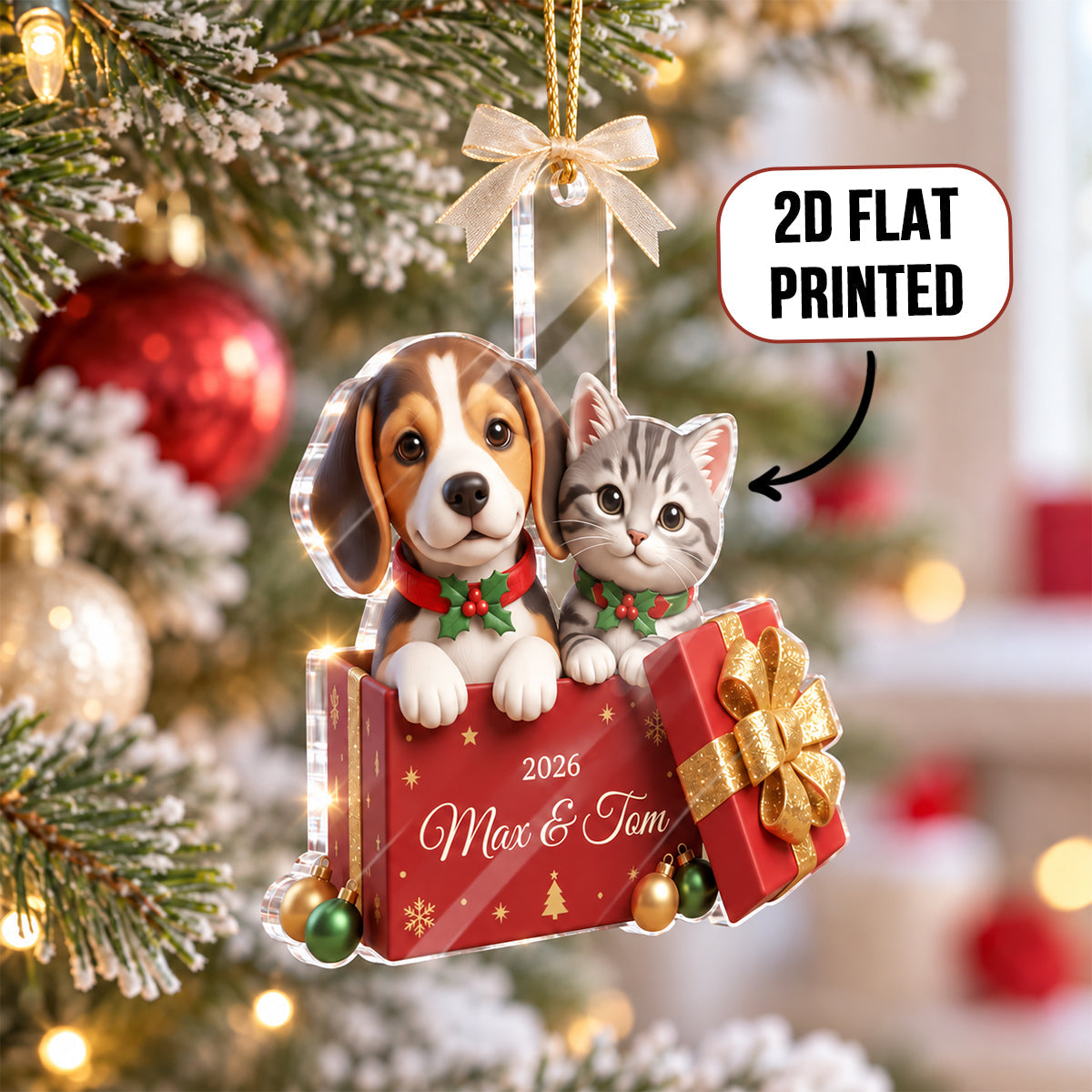 Custom Dog Cat Pet inside Gift Box - Personalized Acrylic Ornament - Christmas Gift for Dog Cat Mom