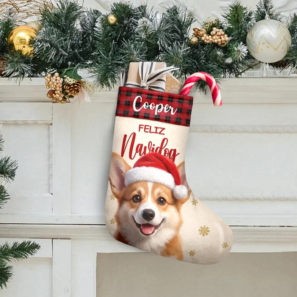 Christmas Gift For Pet Lovers Family - Personalized Custom Photo Snowflake Dog Cat Photo Fireplace Decoration Christmas Stocking