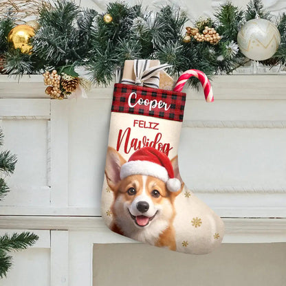 Christmas Gift For Pet Lovers Family - Personalized Custom Photo Snowflake Dog Cat Photo Fireplace Decoration Christmas Stocking