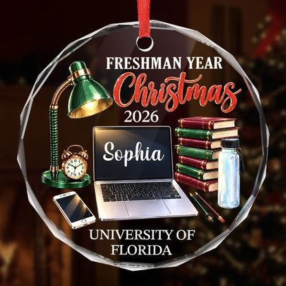 Custom Name Freshman Year Christmas Gifts for College Students - Personalized Glass Ornament
