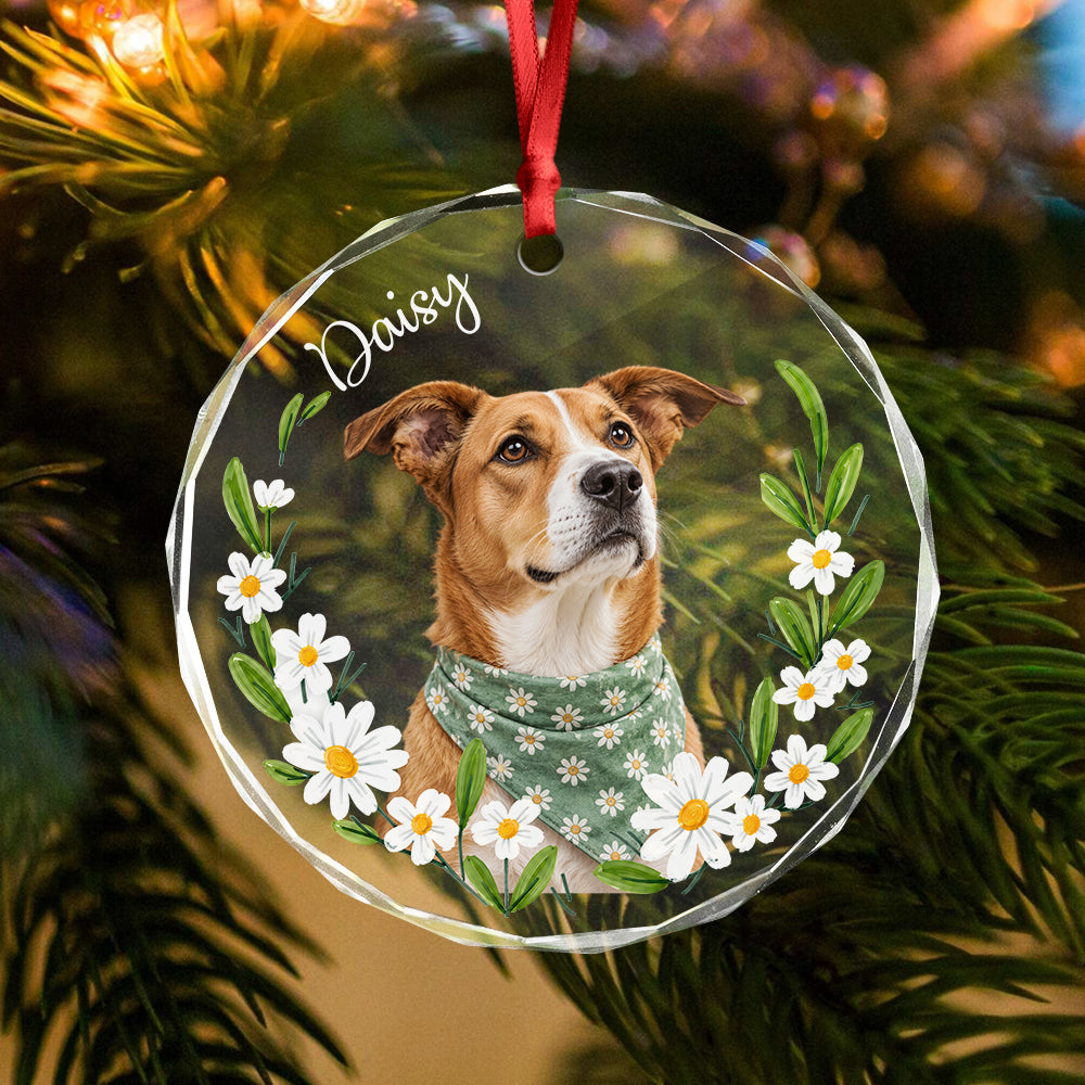 Custom Dog Photo And Name Flower Glass Ornament, Personalized Christmas Tree Decoration for Pet Lovers LM32 670361