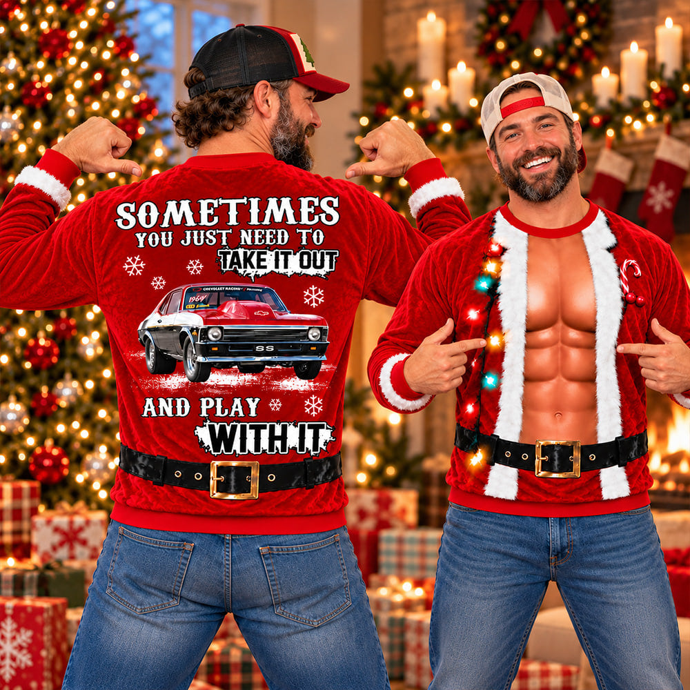 Take It Out & Play - Funny Muscle Santa - Custom Photo Car Christmas Sweatshirt - Gift For Car Lovers A2110