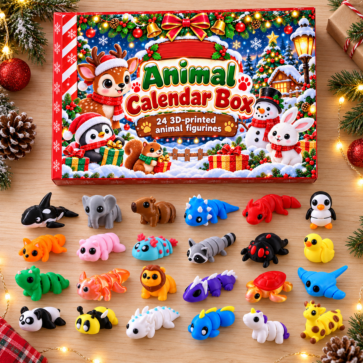 24 Flexible 3D-Printed Animal Toys with Custom Name - Personalized Custom Advent Calendar