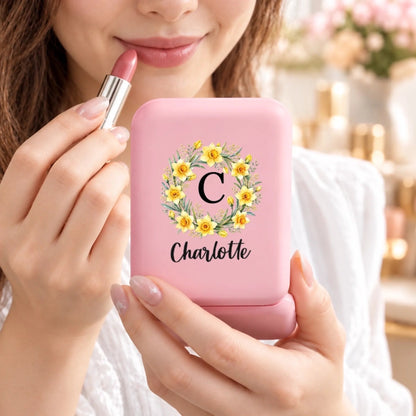 Custom Initial and Name Floral Gifts for Her - Personalized LED Compact Makeup Mirror