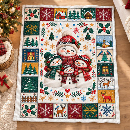 Snowman Grandma Grandkids Hugging - Personalized Fleece Blanket - Christmas Gift for Grandma, Grandkids