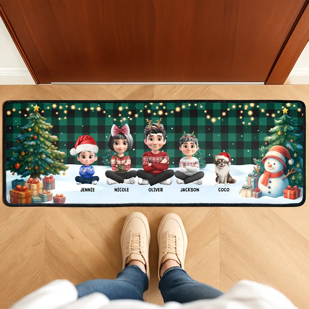 Family Sitting Christmas Plaid Pattern - Personalized Runner Rug