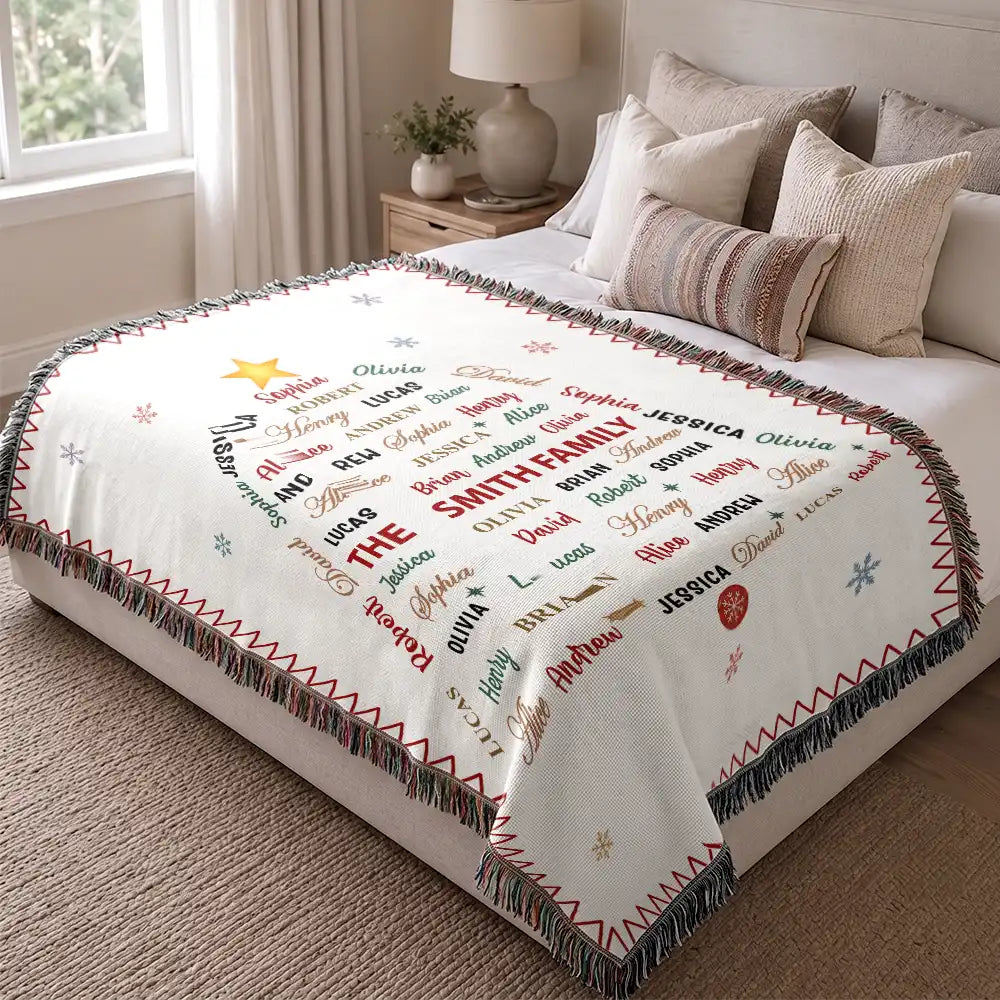 Christmas Gift For Grandma Mom - Personalized Family & Member Names Word Art Tree Star Wreath Woven Blanket