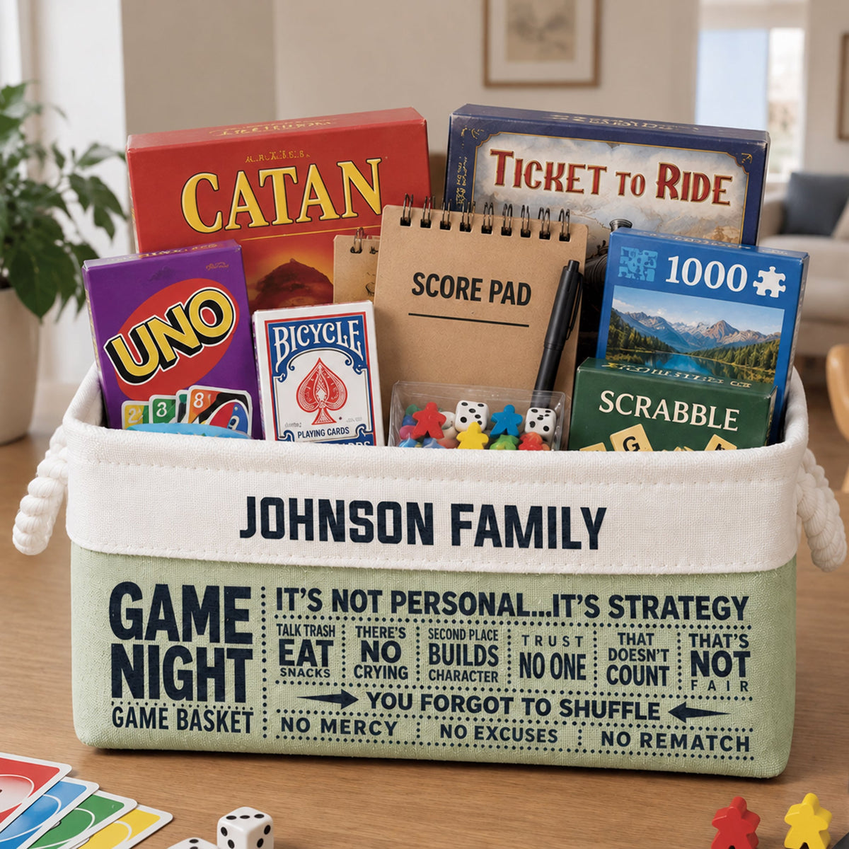 Game Night Scorebook Family Deck Games Basket - Personalized Storage Basket
