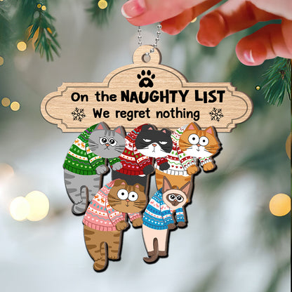 Christmas Naughty Cats Hanging On Mantel Personalized 2-Layer Wooden Ornament, Gift For Cat Lovers