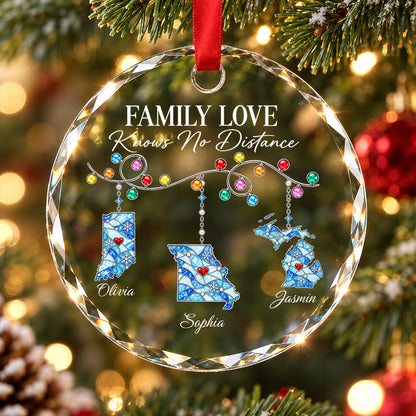 Family Love Knows No Distance - Personalized Glass Ornament - Togetherness Christmas Gift for Sisters, Children