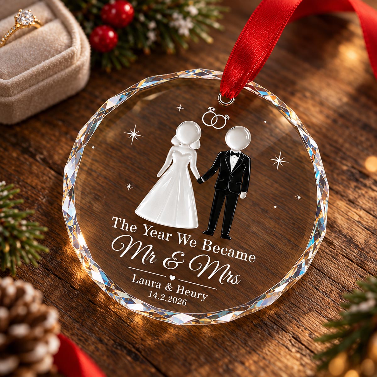 The Year We Became Mr & Mrs 2D Flat Printed - Personalized Glass Ornament - Wedding Gifts, First Christmas Keepsake For Couple
