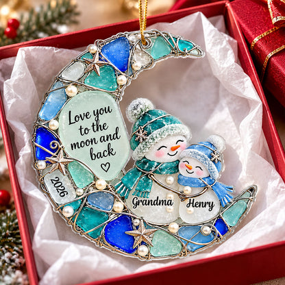Grandma Grandkid Snowman On Moon 2D Flat Printed - Personalized Acrylic Ornament - Christmas Gift For Grandkid, Grandson, Granddaughter