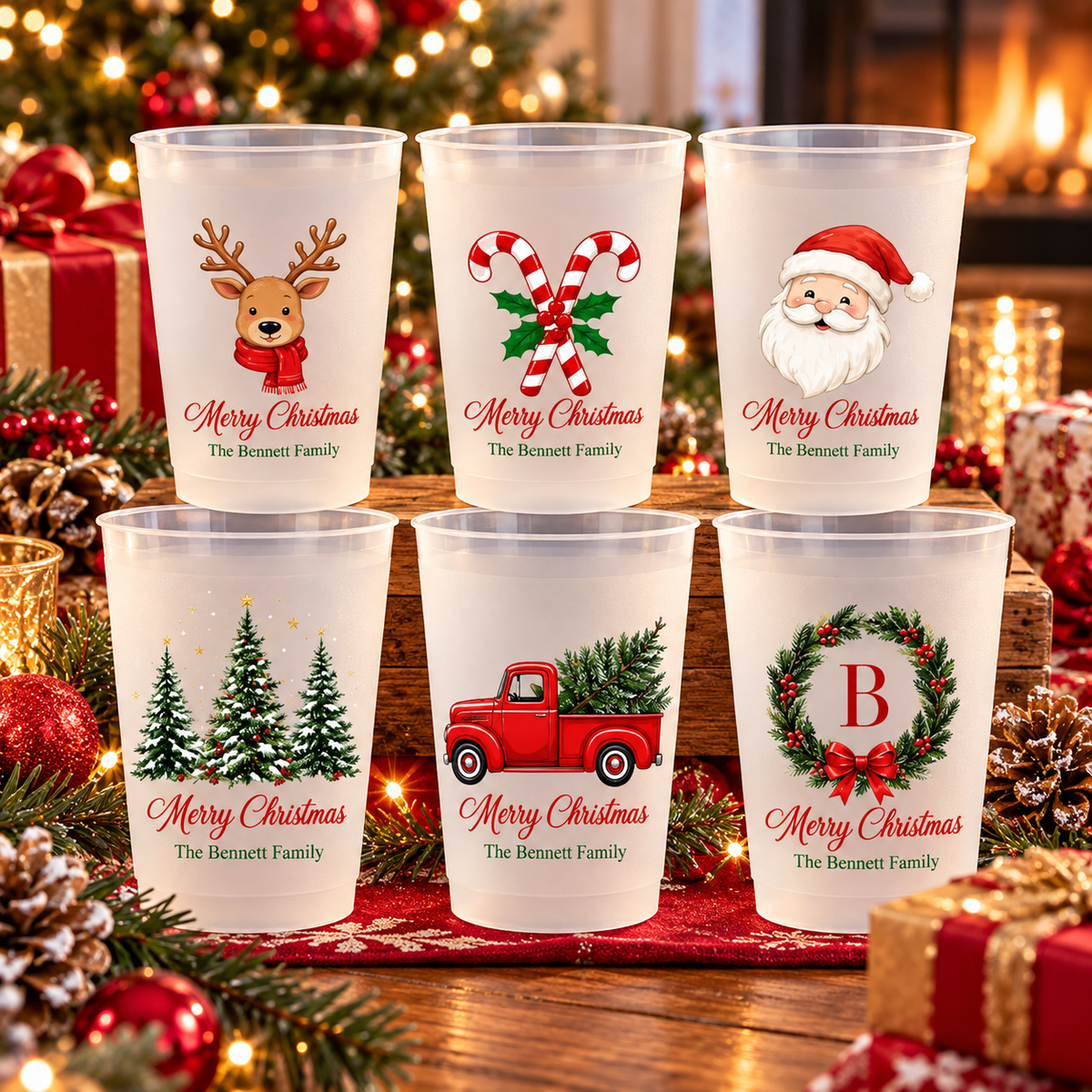Personalized Christmas Party Cups, Family Name Holiday Favors CH07 180828