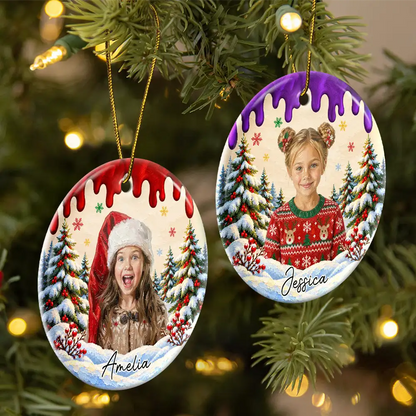 Christmas Gift For Kids Family - Personalized Custom Photo & Name Kid Portrait In Snowy Forest With Paint Drip Circle Ceramic Ornament