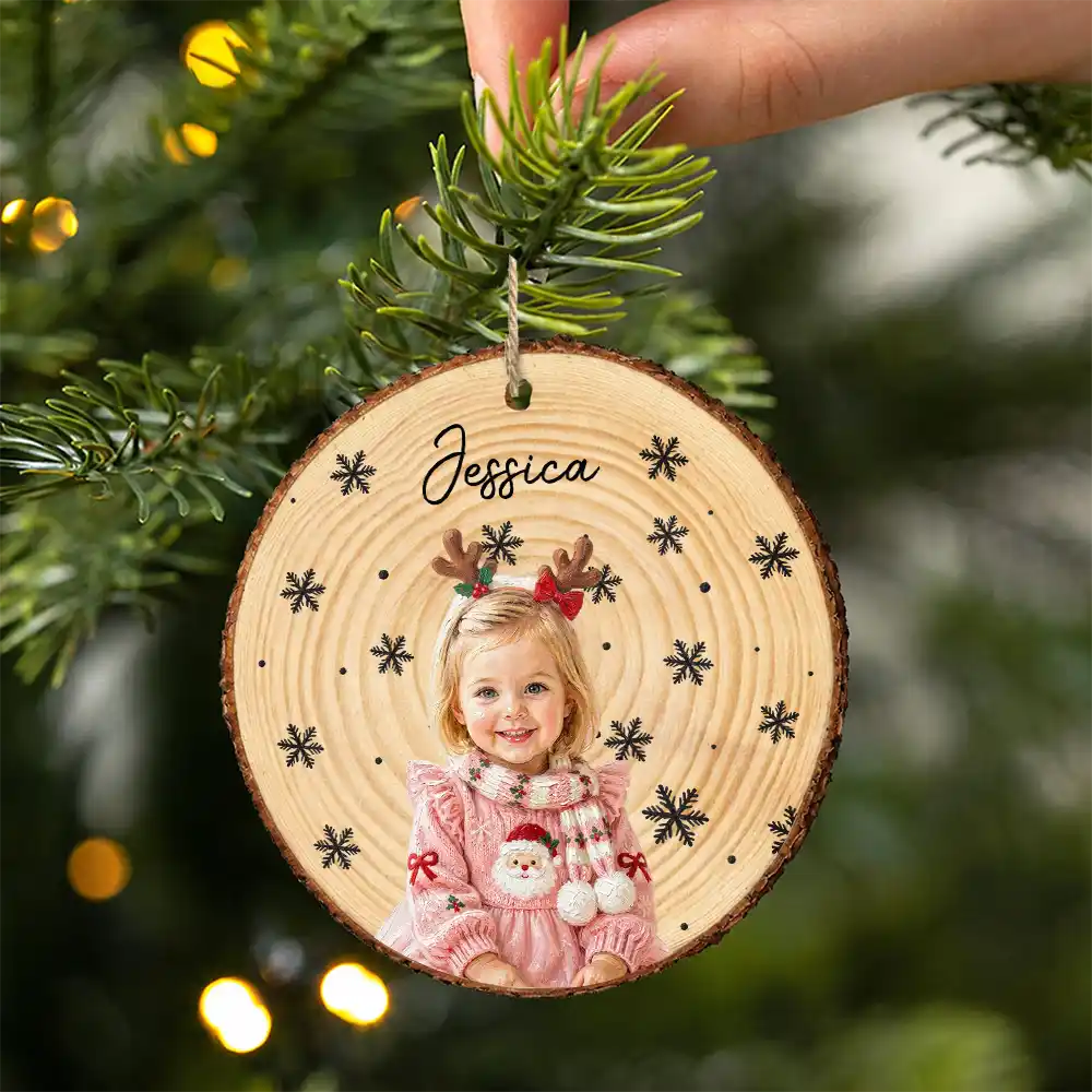 Christmas Gift For Kids Family - Personalized Custom Photo & Name Kid Portrait With Pine Tree Snowflake Wood Slice Ornament