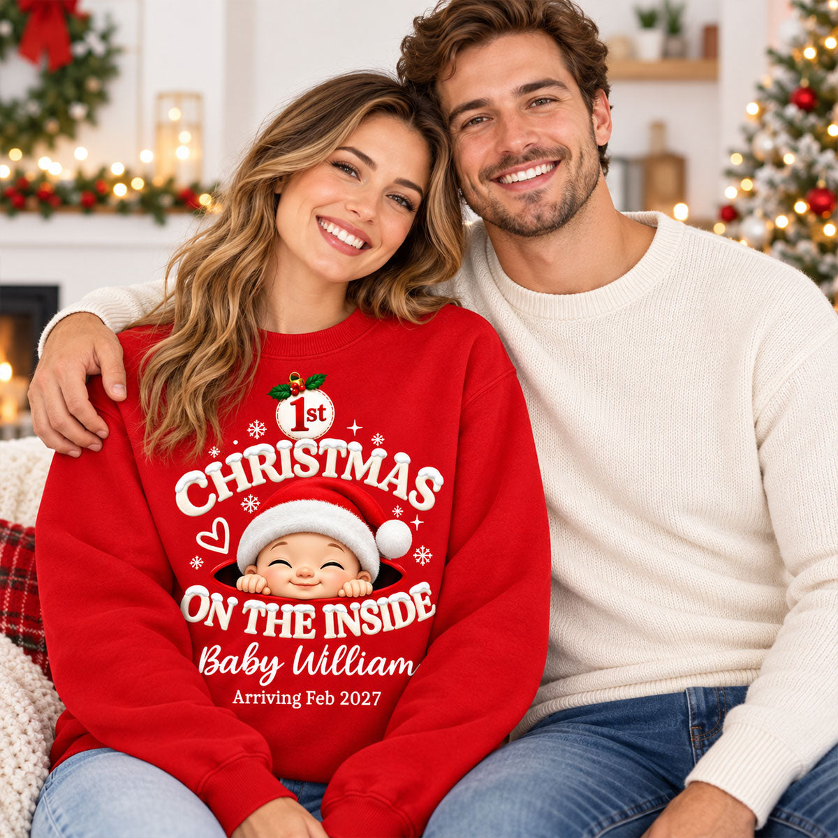 1st Christmas On The Inside Baby - Personalized Shirt - Christmas Pregnancy Announcement Gift For Mom To Be, Expecting Mom