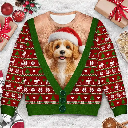 Christmas Gag Gift For Pet Dad - Personalized Custom Photo Pet Face Hairy Chest Abs Body Unisex Ugly Sweater