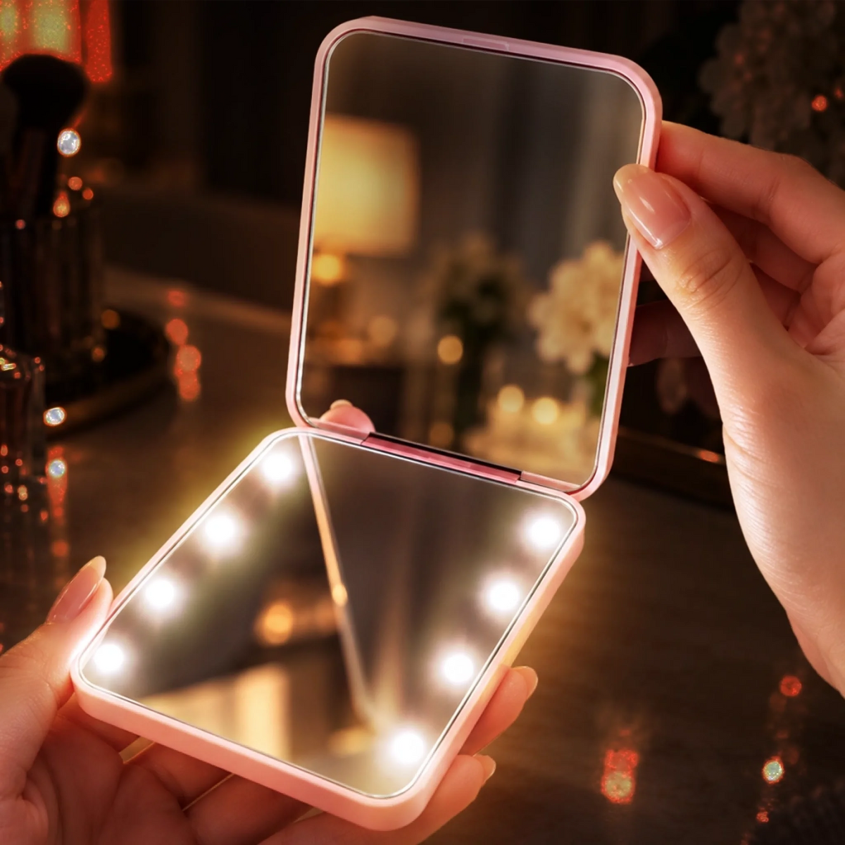 Custom Name Birth Month Flower Makeup Gifts For Women - Personalized LED Compact Makeup Mirror