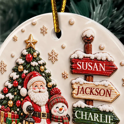 Christmas Gift For Family - Personalized Family Name Santa And Snowman 3D Embossed Circle Ceramic Ornament