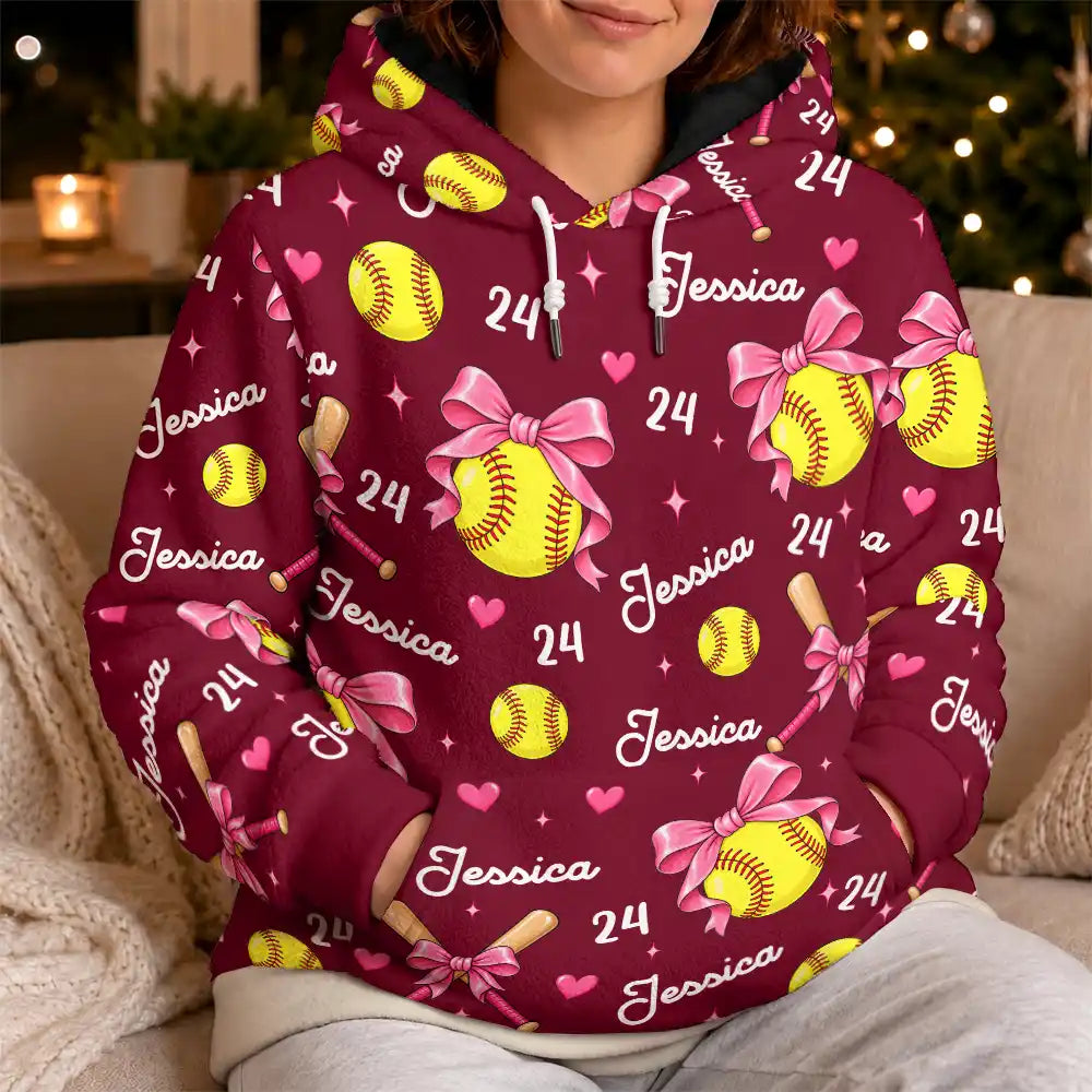 Gift For Softball Player - Personalized Name Number Coquette Bow Fleece Hoodie