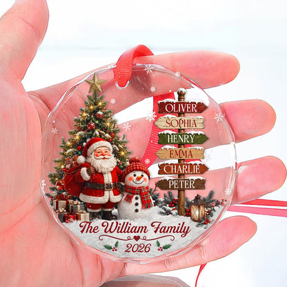 Family Christmas Santa Snowman - Personalized Round Shaped Glass Ornament