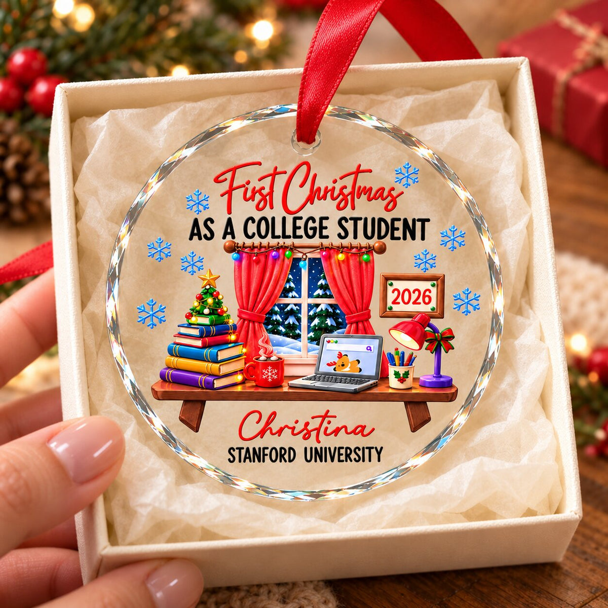College Student With Desk Design - Personalized Glass Ornament - Christmas Gift For New Student, Boy, Girl